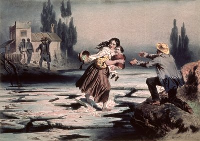 Eliza attraversa i ghiacci del fiume Ohio verso la libertà, illustrazione da 