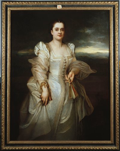 Ritratto di una signora con un vestito bianco ricamato con perle da Adolphe Joseph Thomas Monticelli