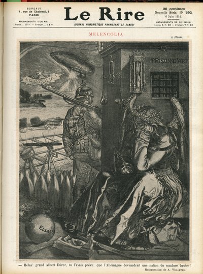 Illustrazione di Adolphe dit Willette per la Copertina di Le Lire, 06/06/14 - Ahimè, grande Albert Durer, avevi predetto che la Germania sarebbe diventata un paese di bruti oscuri! - Melancolia - Guerra, Germania Prussia - Durer da Adolphe Leon Willette