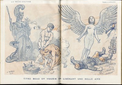 Illustrazione di Adolphe dit Willette (1857-1926) in Fantasio, 01/05/15 - Vivere bello e morire rilasciando una bella anima - Guerra del 14-18, Morti cadaveri, Barbarie/Kultur, Marmellata di Teschi - Soldati da Adolphe Leon Willette