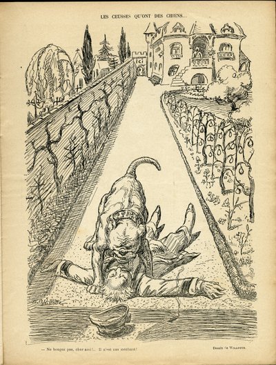 Illustrazione di Adolphe dit Willette in Le Rire, 27/02/09 - Les ceusses que on des chiens - Architettura Urbanistica, Animali - Cane, Pitt-Bull da Adolphe Leon Willette