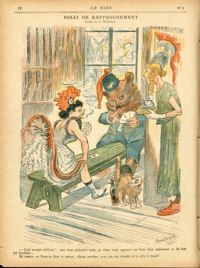 Risata, satirico a colori: Cravatta di riconciliazione - Gioco di carte - Marianne, Orso, Albion Britania - Illustrazione di Adolphe (Willette) da Adolphe Leon Willette
