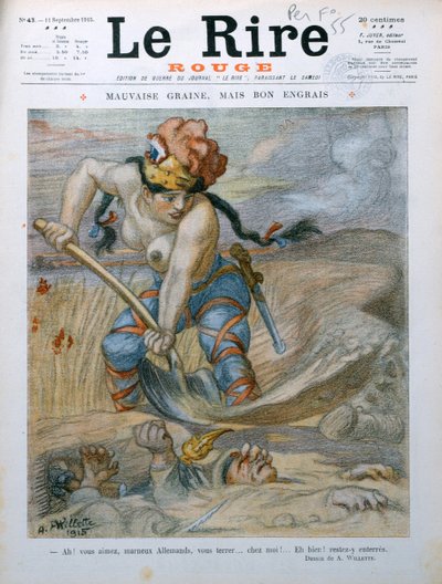 Marianne seppellisce soldati tedeschi nelle trincee della Marna, caricatura da 