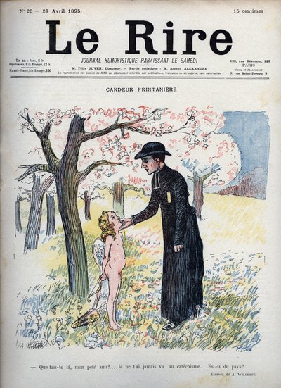 Primavera Candore - In una foresta di fiori, un prete accarezza il viso di un bambino nudo, nascondendo dietro la schiena un arco e una freccia e un paio di ali. Non sapendo che è Cupido, gli chiede se è nuovo, poiché nessuno lo ha mai visto al catechismo  da Adolphe Leon Willette