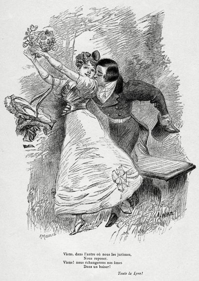 Due amanti: "Venite a scambiarvi le nostre anime/in un bacio! " Illustrazione di Wilette per il poema di Victor Hugo "L
