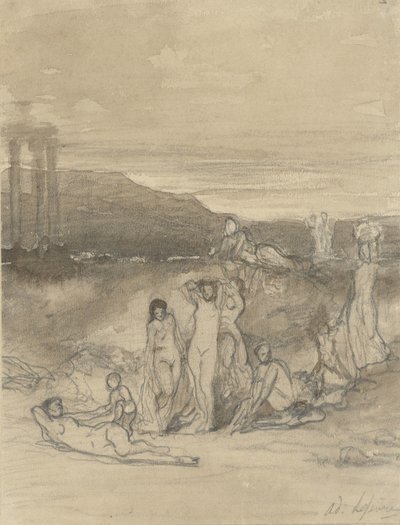 Paesaggio classico con figure nude sdraiate, in piedi e sedute e una rovina di tempio da Adolphe René Lefèvre