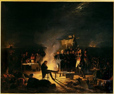 Il bivacco di Napoleone sul campo di battaglia di Wagramnuit dal 5 al 6 luglio 1809 ... (dipinto su tela) da Adolphe Roehn