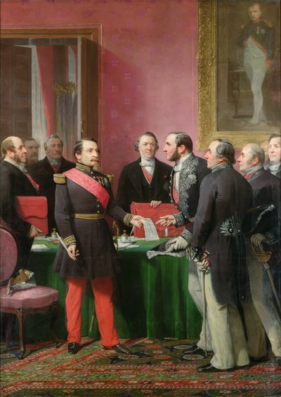 Napoleone III (1808-73) consegna il decreto che consente l