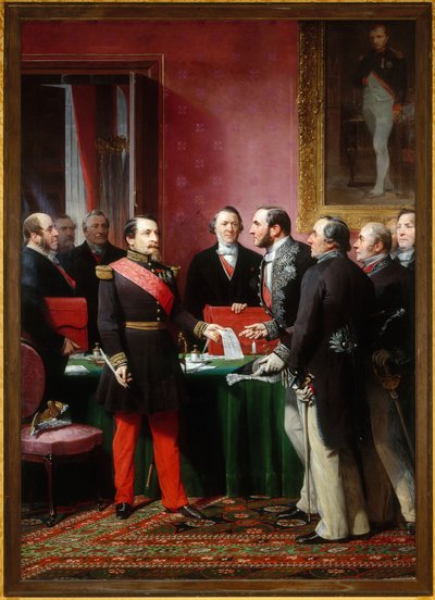 Napoleone III presenta al barone Haussmann il decreto di annessione dei comuni limitrofi (16 febbraio da Adolphe Yvon