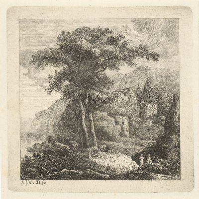 Paesaggio montuoso con alberi, castello e due figure da Adriaan Jacob Willem van Dielen