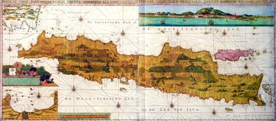 Insulae lavae, una grande mappa pieghevole di Giava con due inserti che raffigurano vedute di Batavia (Jakarta) olandese, pubblicata da Gerard van Keulen, Amsterdam, c.1715 da Adriaan Reland