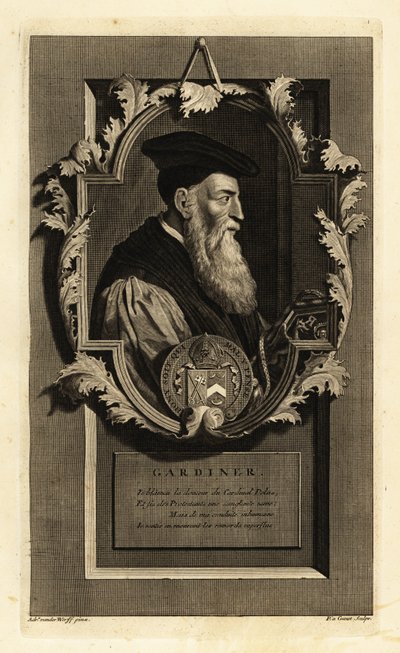 Ritratto di Stephen Gardiner, Vescovo di Winchester e politico. Con stemma. Incisione su rame di Pieter Stevens van Gunst dopo Adriaen van der Werff dal libro di Isaac de Larrey 