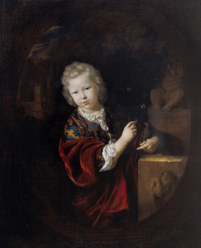 Ritratto di un giovane ragazzo che tiene un pappagallino accanto a una statua di Ercole da Adriaan van der Werff