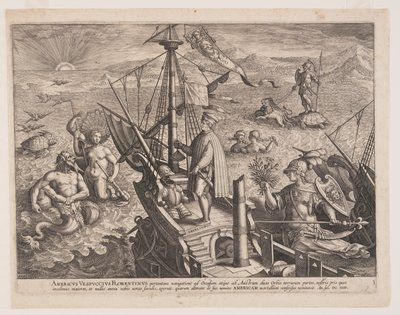 Amerigo Vespucci sulla sua nave, da Americae Retectio (La scoperta dell