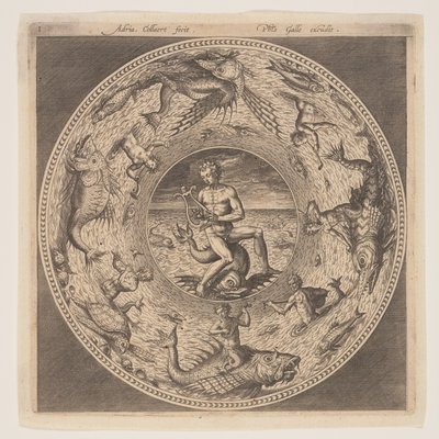 Arione su un delfino circondato da un bordo decorato con creature marine, da una serie di disegni per piatti (Fonds de Coupe) da Adriaen Collaert