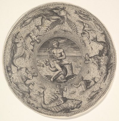 Arione su un delfino circondato da un bordo decorato con creature marine, da un set di..., 1580-1600 da Adriaen Collaert