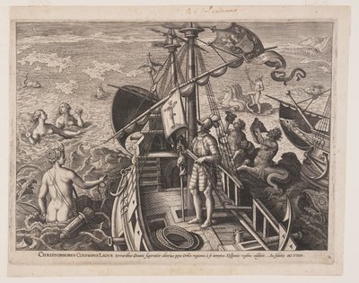 Cristoforo Colombo sulla sua nave, da Americae Retectio (La scoperta dell