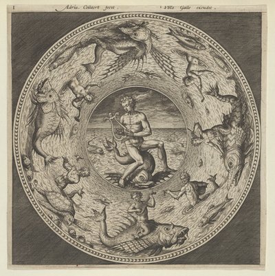 Progetto per un piatto con Arione che cavalca un delfino in un medaglione bordato da mostri marini, c. 1600 da Adriaen Collaert
