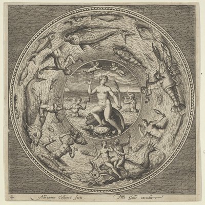 Progetto per un piatto con Galatea su una conchiglia fiancheggiata da trombettieri in una cornice medaglione, c. 1600 da Adriaen Collaert