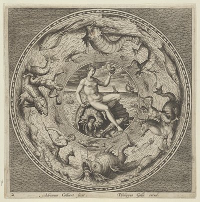 Design per un piatto con Teti su una conchiglia in un medaglione bordato da mostri marini da Adriaen Collaert