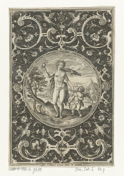 Medaglione con Venere e Amore incorniciato da grottesche con fiori, ghirlande, animali e mascheroni da Adriaen Collaert