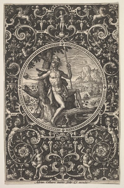 Parigi in una cornice decorativa con grottesche da Adriaen Collaert