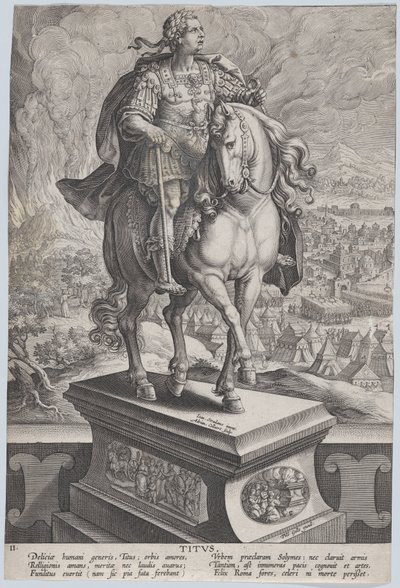 Statua equestre di Tito, vista tre quarti a destra, Monte Vesuvio da Adriaen Collaert