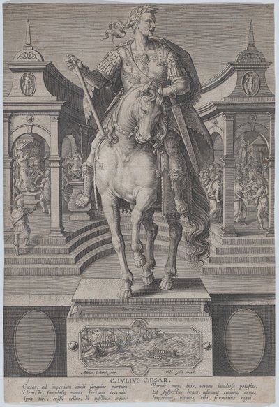Statua equestre di Giulio Cesare, vista frontale, con una scena, ca. 1587-89 da Adriaen Collaert