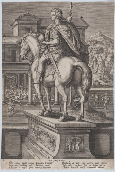 Statua equestre di Augusto, che tiene un globo e visto da dietro, ca. 1587-89 da Adriaen Collaert