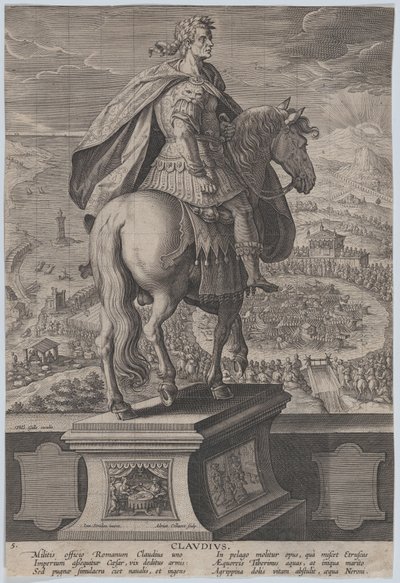 Tavola 5: statua equestre di Claudio, vista da dietro, una competizione navale da Adriaen Collaert