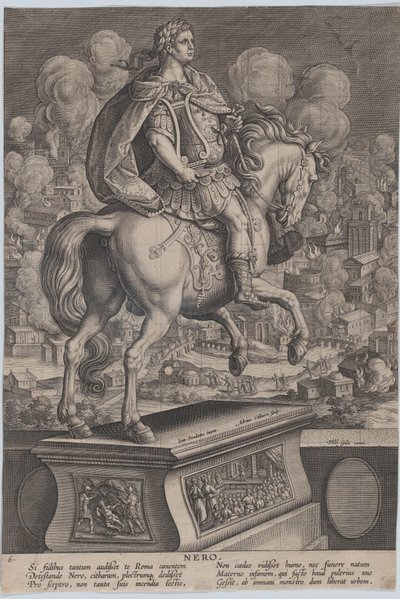 Tavola 6: statua equestre di Nerone, vista da dietro, il grande incendio di Roma..., ca. 1587-89 da Adriaen Collaert
