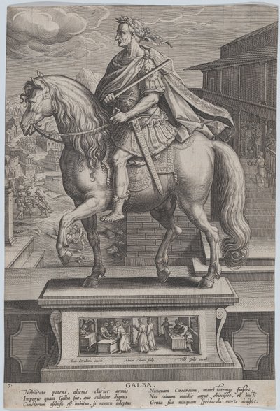Statua equestre di Galba, in profilo a sinistra, con una scena di decapitazione da Adriaen Collaert