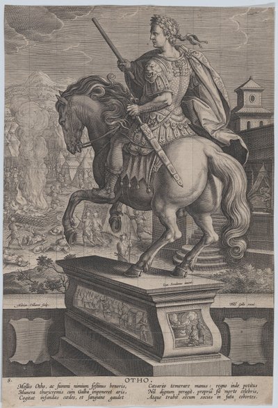 Statua equestre di Otone, vista da dietro, scena della sua morte sullo sfondo da Adriaen Collaert