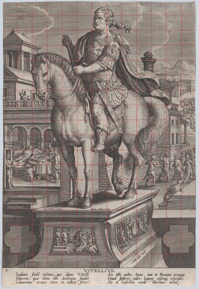 Piatto 9: statua equestre di Vitellio, vista tre quarti a sinistra da Adriaen Collaert
