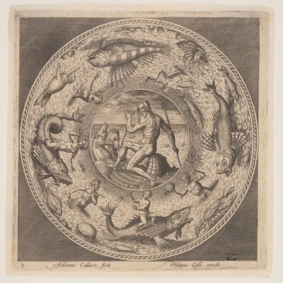 Poseidone, da una serie di disegni per piatti (Fonds de Coupe) da Adriaen Collaert