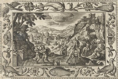 Rebecca ed Eliezer al pozzo (Paesaggi con scene bibliche, mitologiche e di caccia) da Adriaen Collaert