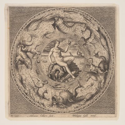 Teti su una conchiglia, da una serie di disegni per tavole (Fonds de Coupe) da Adriaen Collaert