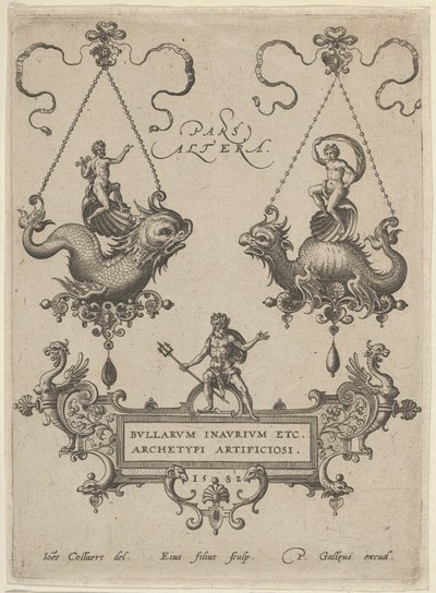 Tavola del titolo con due disegni di pendenti sopra e Nettuno in piedi su un cartiglio sotto, 1582 da Adriaen Collaert
