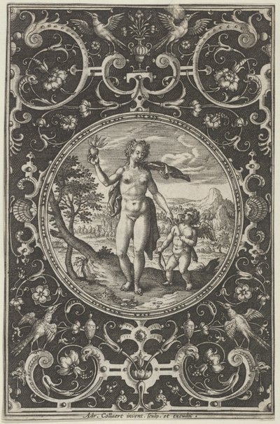 Venere e Cupido in una cornice decorativa con grottesche, dal Giudizio di Paride..., c. 1580-1600 da Adriaen Collaert