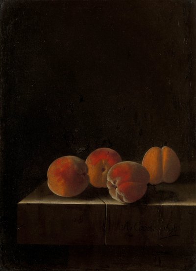 Quattro albicocche su un plinto di pietra da Adrian Coorte