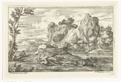 Paesaggio con grande roccia presso un fiume da Adriaen Frans Boudewyns