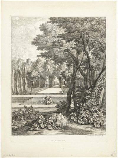 Paesaggio con coppia seduta su una scala nel giardino da Adriaen Frans Boudewyns