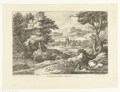 Paesaggio con due figure lungo una strada, in lontananza una chiesa da Adriaen Frans Boudewyns