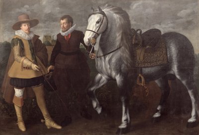 Ritratto di un gentiluomo con il suo cavallo e il suo groom, 1624 da Adriaen I van Nieulandt
