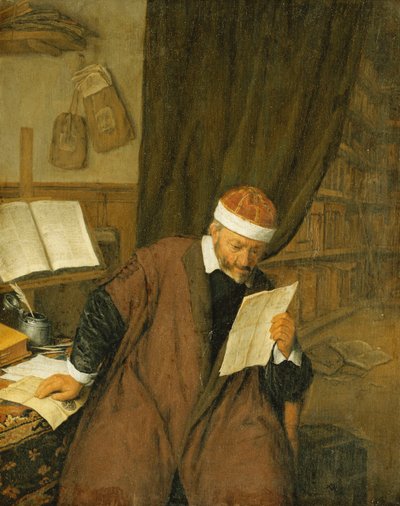 Un Avvocato Seduto a una Scrivania che Legge una Lettera, una Biblioteca sullo Sfondo, 1668 da Adriaen Jansz. van Ostade