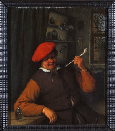 Un contadino con un berretto rosso che fuma una pipa, in un interno da Adriaen Jansz. van Ostade