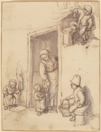 Foglio di studio con una madre e sua figlia sulla porta di casa, due ragazzi seduti da Adriaen Jansz. van Ostade