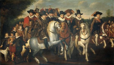 Il principe Maurizio accompagnato dai suoi due fratelli, Federico V, Elettore Palatino, e Conti di Nassau a cavallo da Adriaen Pietersz van de Venne (follower of)