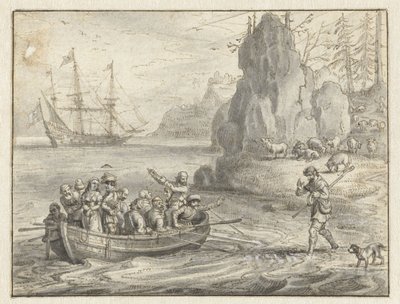 Celadon implora i pirati di portarlo con la sua moglie rapita, Galatea da Adriaen Pietersz van de Venne
