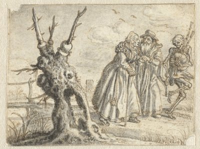 Uomo e donna anziani che seguono volontariamente la morte suonando la cornamusa da Adriaen Pietersz van de Venne